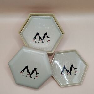 Vintage Otagiri Japan Ivory Hexagon Shaped Penguins Coasters Set of 6 With Box